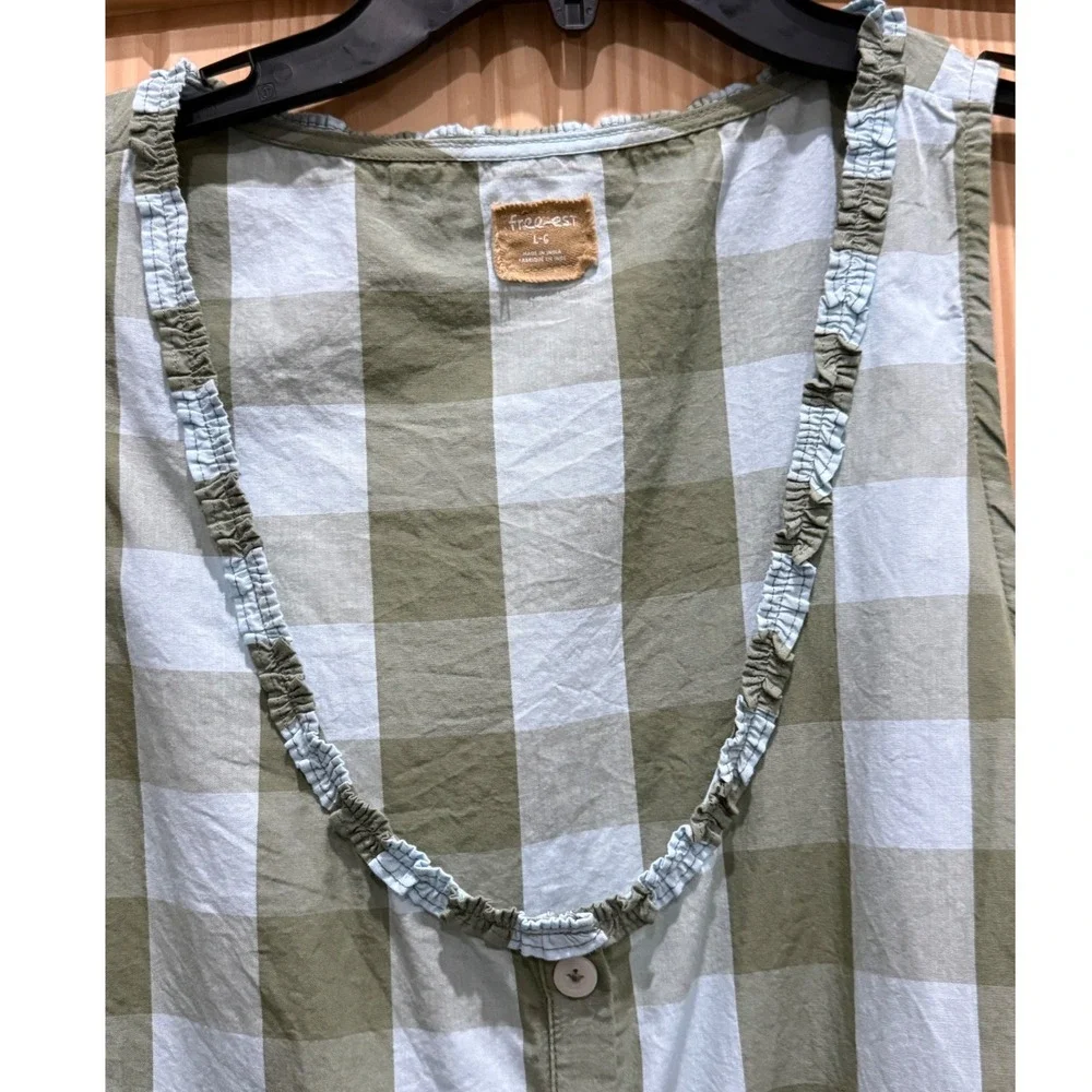 Free People Free-est Green Blue Gingham Ruffle Scoop Neck Cotton Tank Top Large